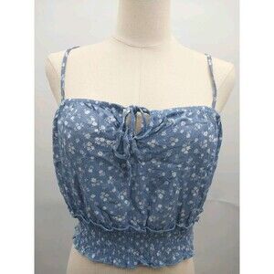 Hippie Rose Juniors Blouse Crop Tank Top Denim Floral White Size L New